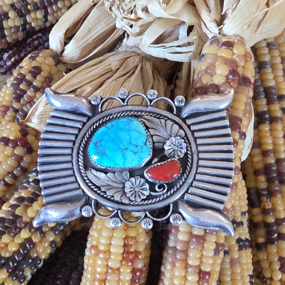 Beautiful Vintage Native American Navajo Turquoise & Coral Belt Buckle ❤️🎁🩵